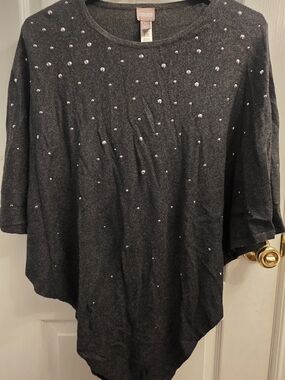 Chico's Dark Charcoal Embellished Knit Poncho